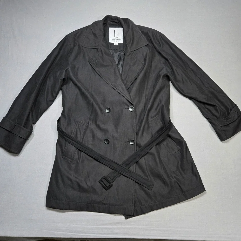 Vintage Larry‎ Levine Trench Coat Medium Black Double Breasted Belted Microfibre